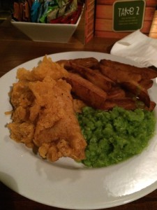 Fish and Chips with mushy peas. Greasy and just right.